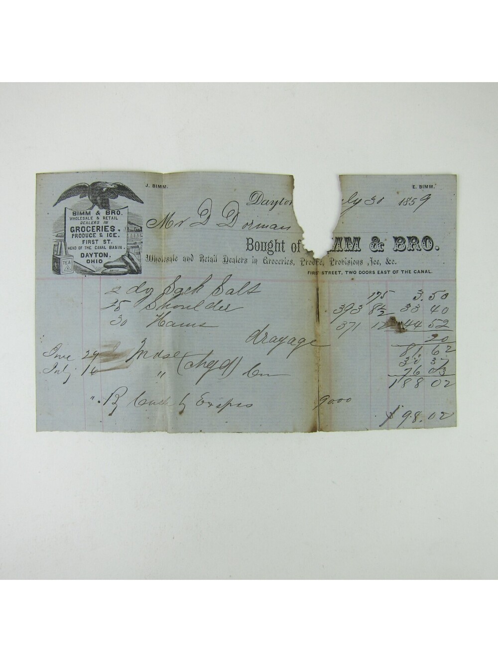Bimm & Bro Wholesale Groceries Produce & Ice Dayton Ohio Invoice Antique 1859
